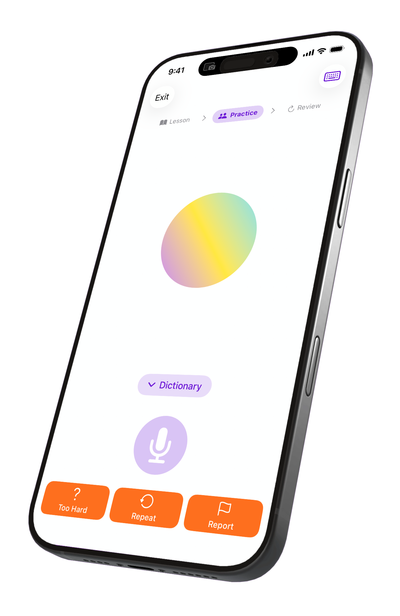 FluentPath AI language learning app interface featuring Practice mode with interactive Dictionary, real-time voice conversation, and intuitive navigation for seamless learning experience