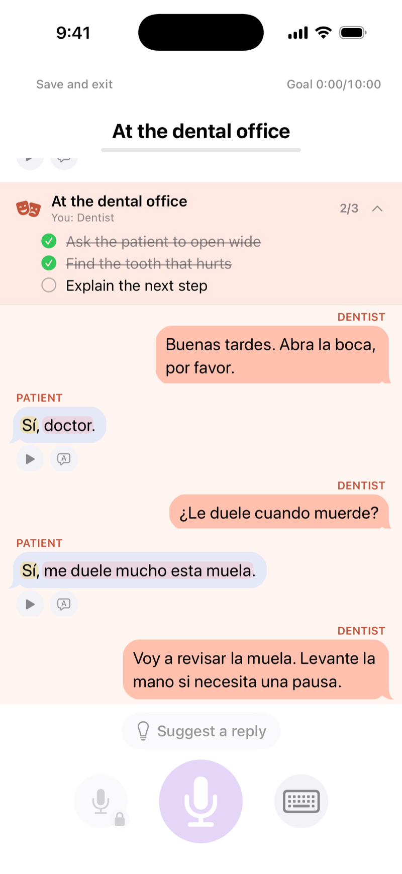 FluentPath roleplay scene where the learner plays a dentist at the dental office, asking a Spanish-speaking patient to open wide and where it hurts
