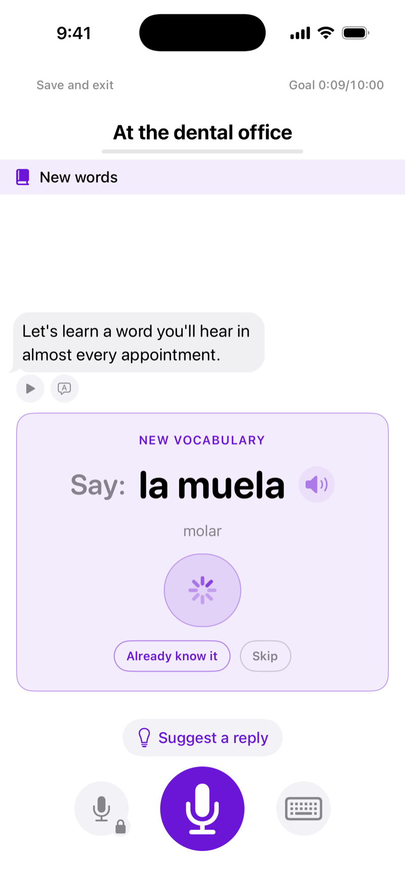 FluentPath vocabulary card teaching the Spanish word la muela, meaning molar, during a dental Spanish lesson