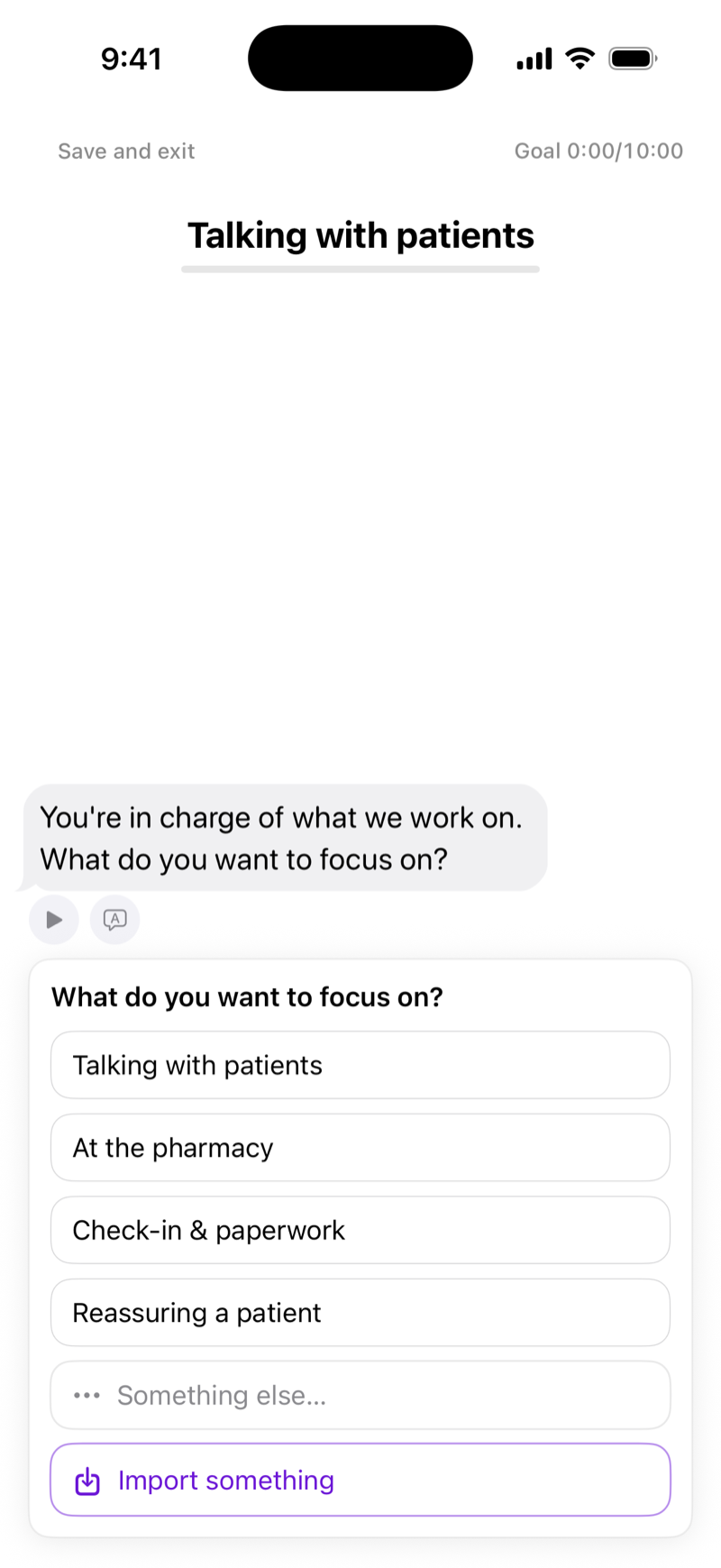 FluentPath focus picker with medical Spanish options like talking with patients, at the pharmacy, and reassuring a patient