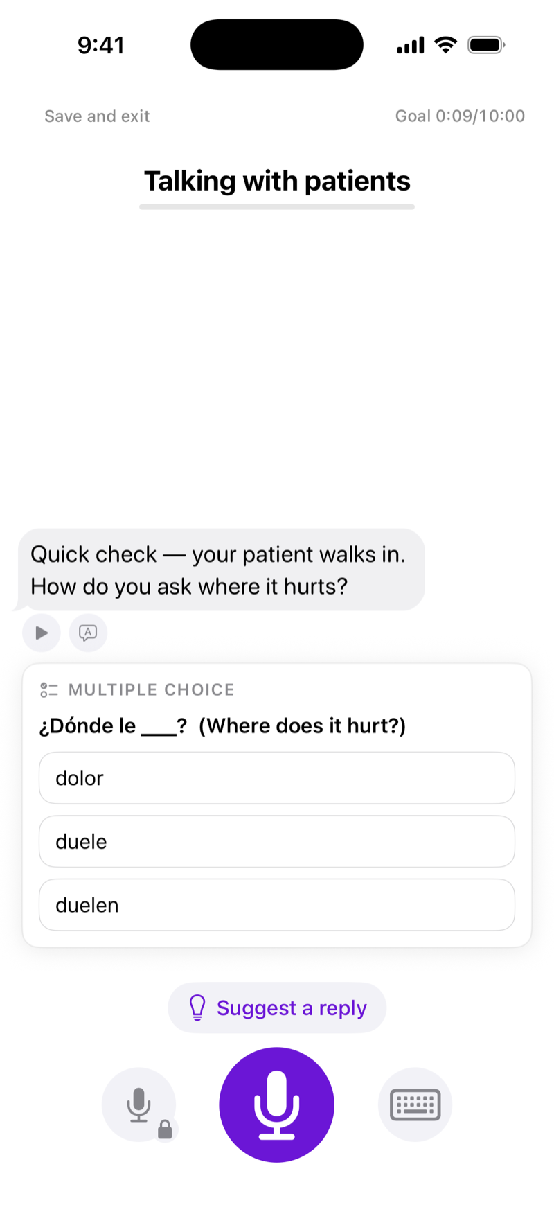 FluentPath quiz asking how to say where does it hurt in Spanish, with answer choices dolor, duele, and duelen
