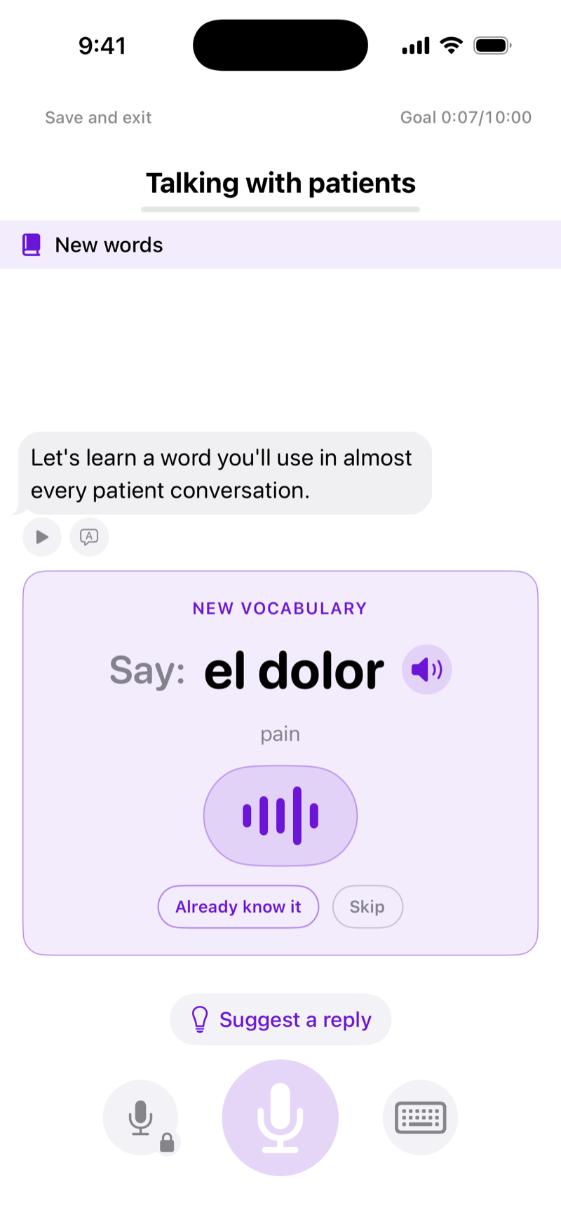 FluentPath vocabulary card teaching the Spanish word el dolor, meaning pain, during a medical Spanish lesson