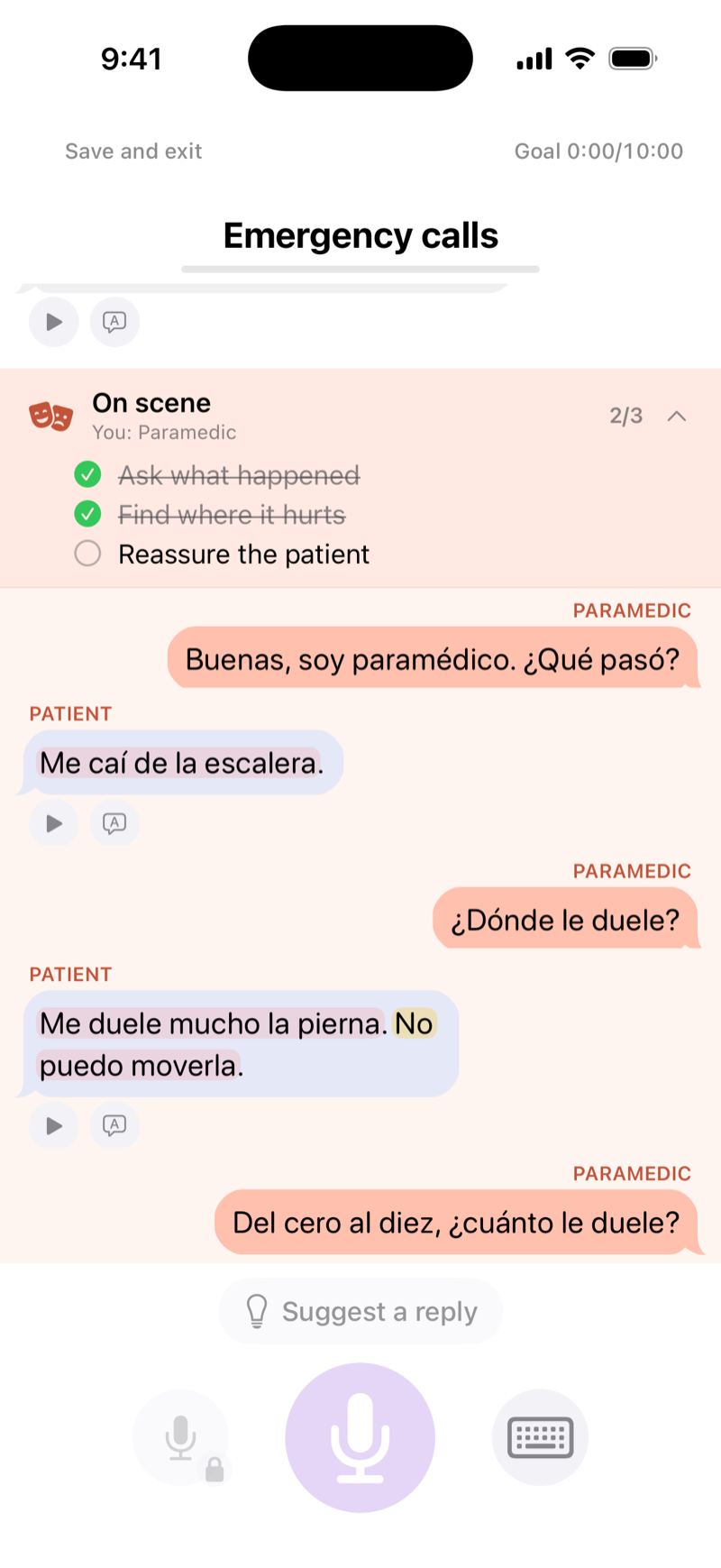 FluentPath roleplay scene where the learner plays a paramedic on scene, asking a Spanish-speaking patient what happened and where it hurts
