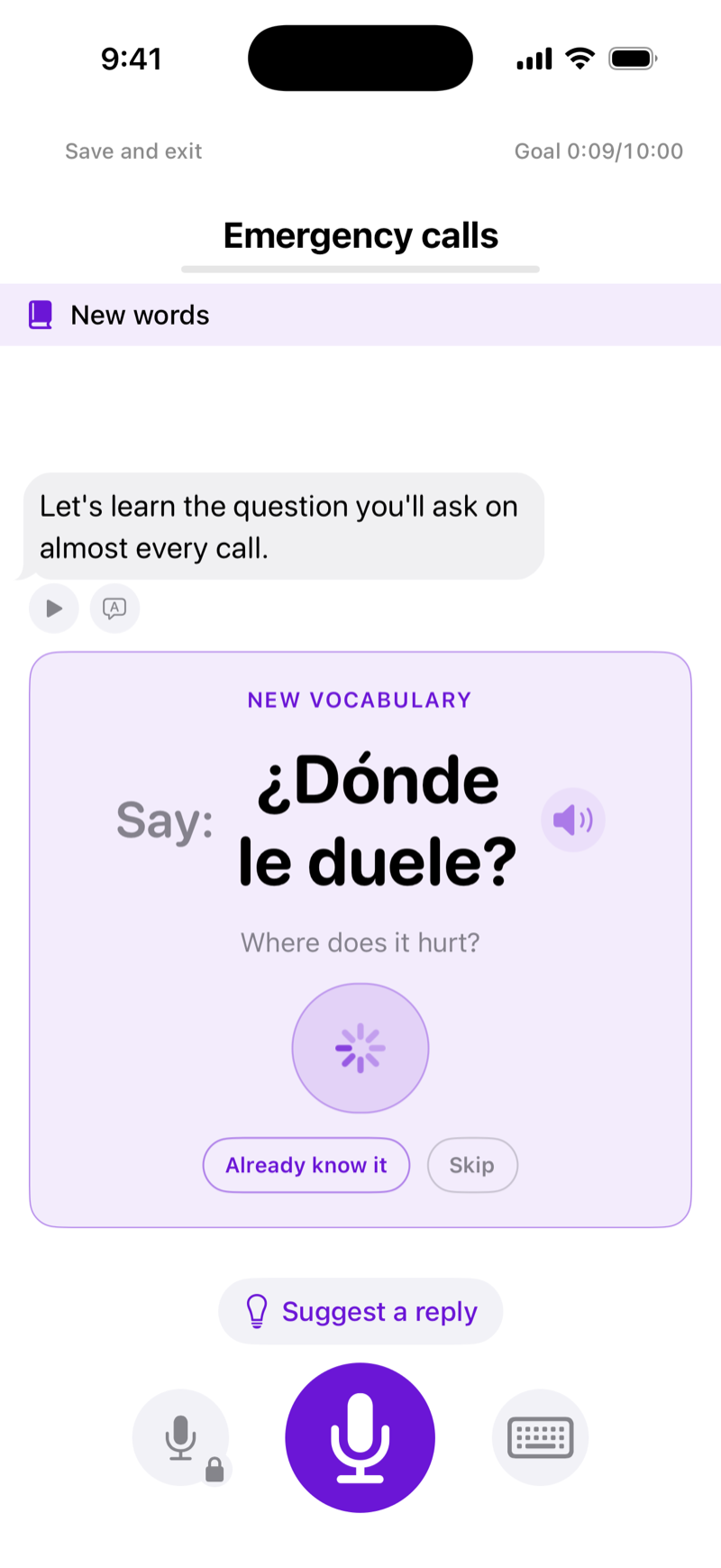 FluentPath vocabulary card teaching the Spanish assessment question ¿Dónde le duele?, meaning where does it hurt