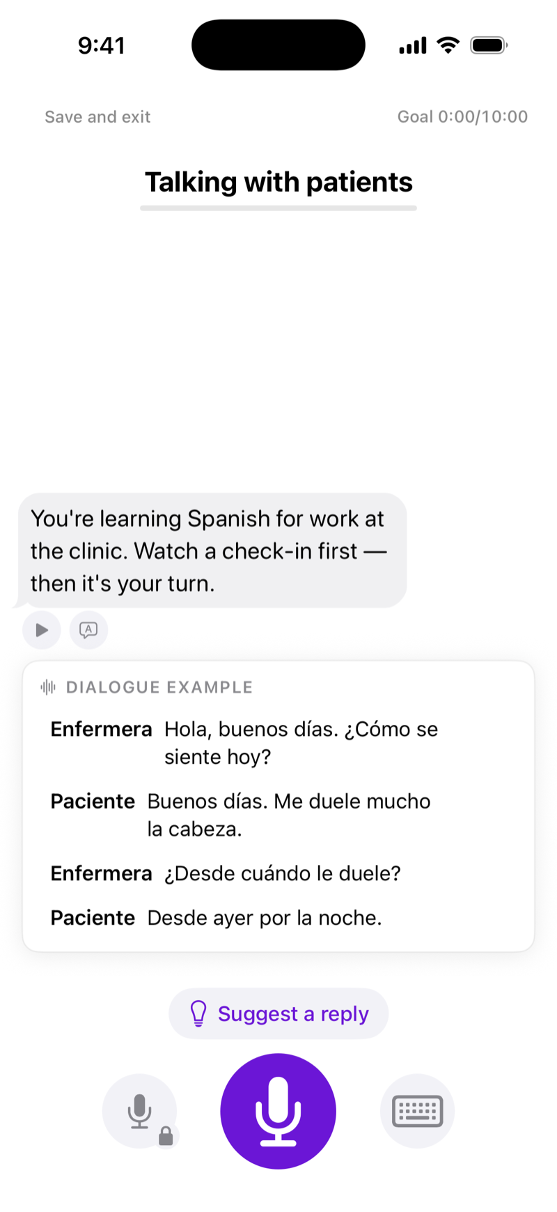 FluentPath dialogue example modeling a clinic check-in in Spanish between a nurse and a patient before the learner tries it
