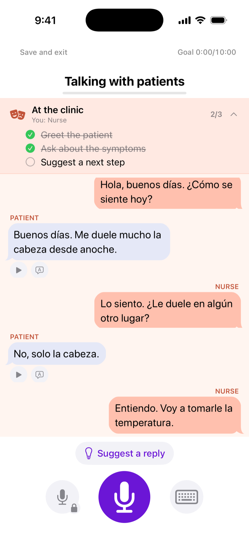 FluentPath roleplay scene where the learner plays a nurse at the clinic, greeting a Spanish-speaking patient and asking about symptoms